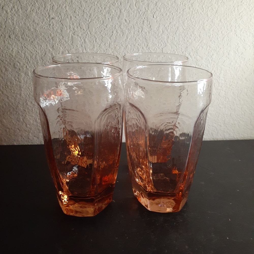 RARE HTF Signed Fire & Light Peach Recycled Glass 5” Tumblers Set of 4.
